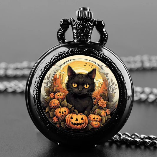 Montre à Gousset Halloween  chat – Cadran Blanc, Capot Décoré