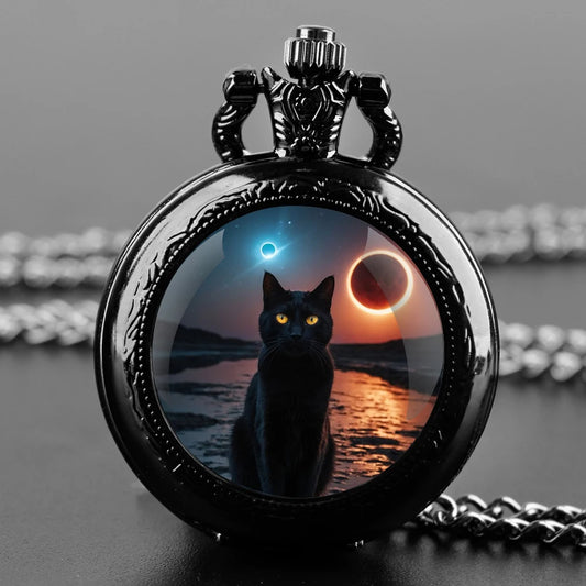 Montre à Gousset chat Noir – Cadran Blanc