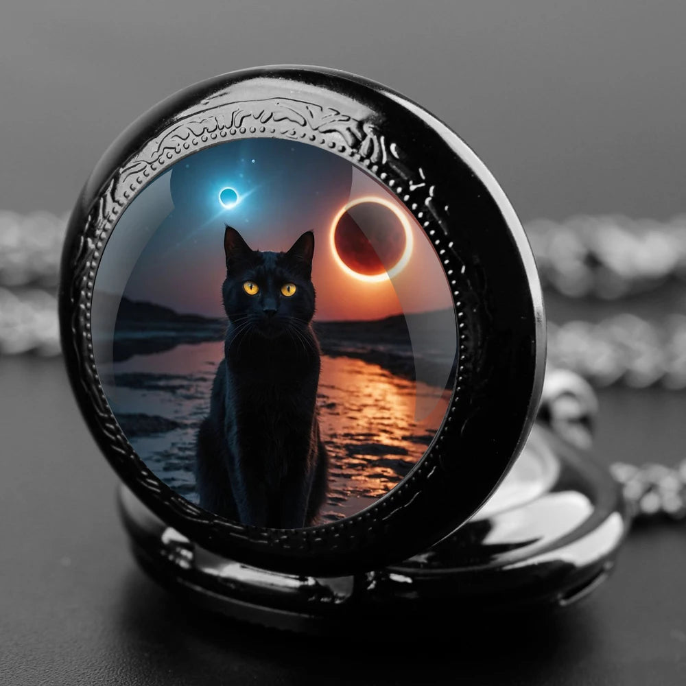 Montre à Gousset chat Noir – Cadran Blanc
