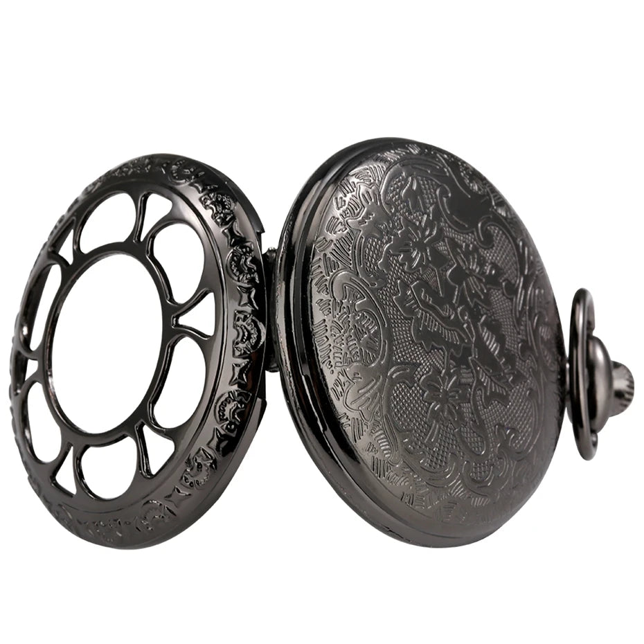 Montre à Gousset Noire – Cadran Blanc & Capot Décoré