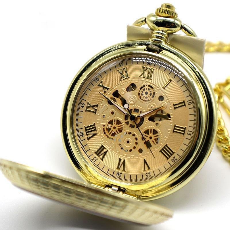 Montre à gousset mécanique à remontage manuel boitier et cadrans doré avec chiffres Romains Ma montre à gousset