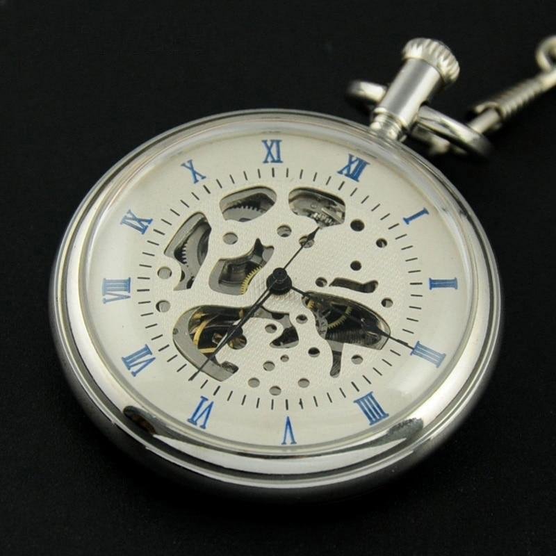 Montre à gousset mécanique à remontage manuel, boitier chrome et chiffres Romains bleus Ma montre à gousset
