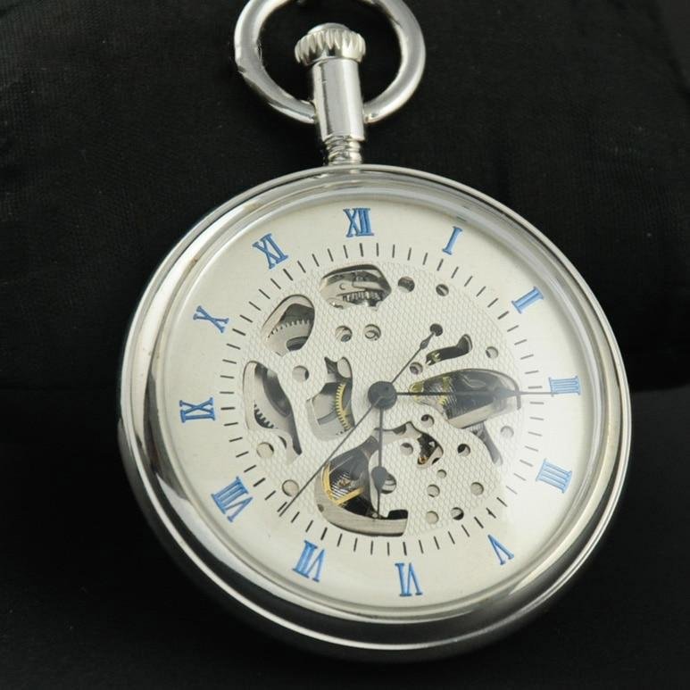 Montre à gousset mécanique à remontage manuel, boitier chrome et chiffres Romains bleus Ma montre à gousset