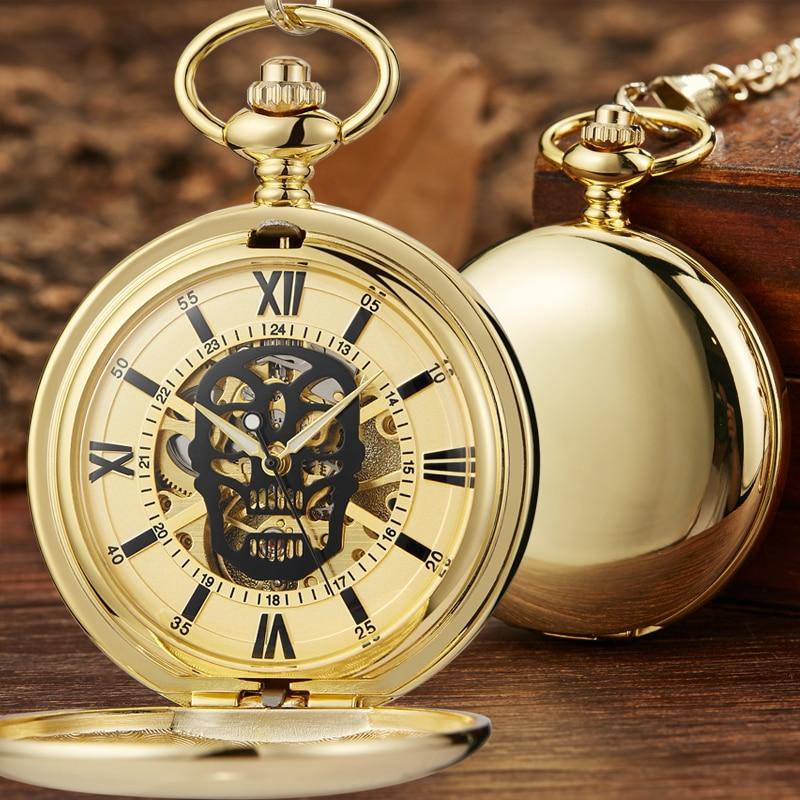 Montre à gousset mécanique à remontage manuel, boitier doré et cadrans skull Ma montre à gousset