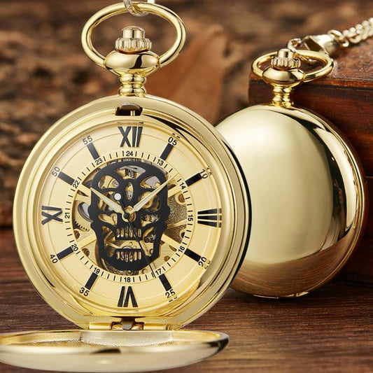 Montre à gousset mécanique à remontage manuel, boitier doré et cadrans skull Ma montre à gousset
