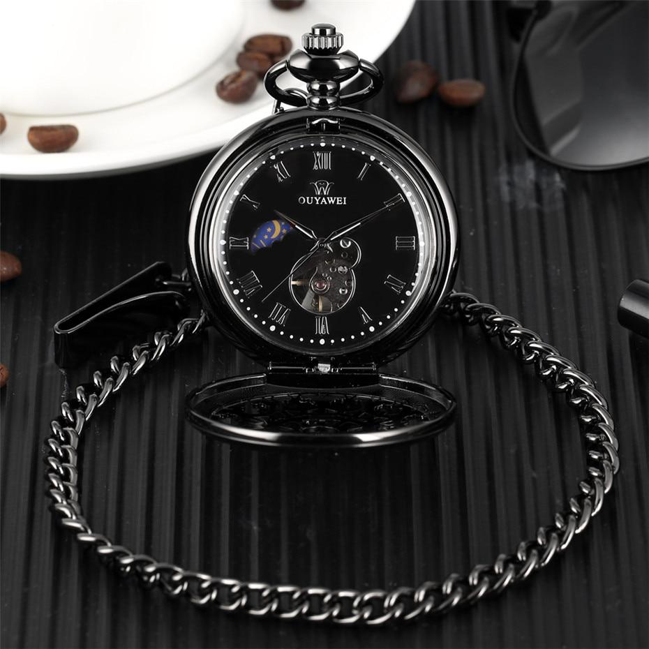 Montre De Poche Mécanique Whodoit - Cadran Chiffres Romains Et Phases De Lune - Noir Et Argent