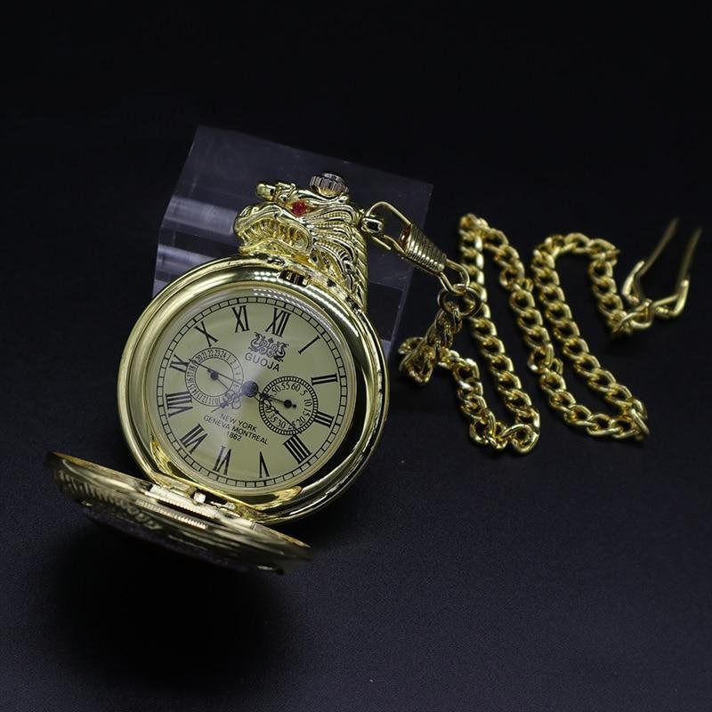 montre à gousset mécanique à remontage manuel thématique du dragon et pierre rouge Ma montre à gousset