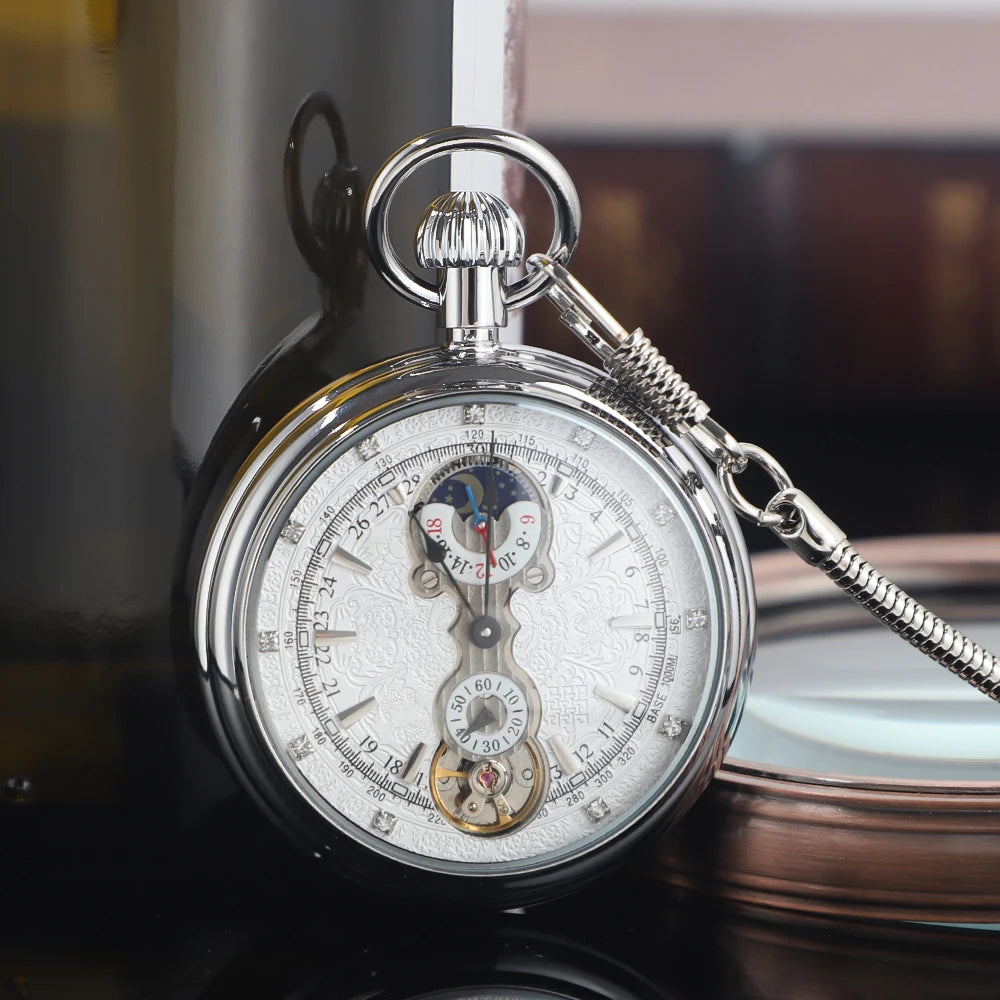 Luxury Antique Vintage Brass Mechanical Pocket Watch Moon-Phase Sub-dial Tourbillon Roman Numerals with Chain Men Women Gifts Montre à gousset