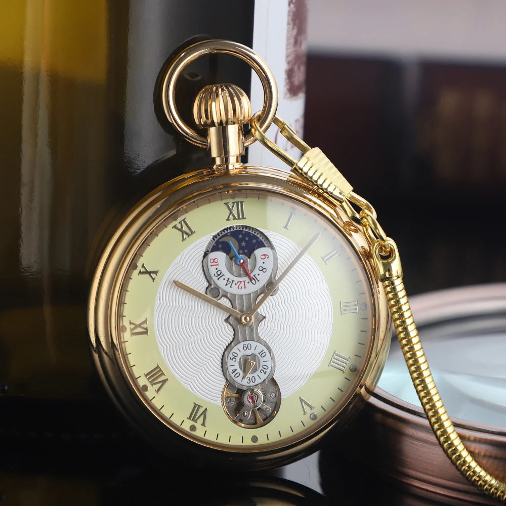 Luxury Antique Vintage Brass Mechanical Pocket Watch Moon-Phase Sub-dial Tourbillon Roman Numerals with Chain Men Women Gifts Montre à gousset