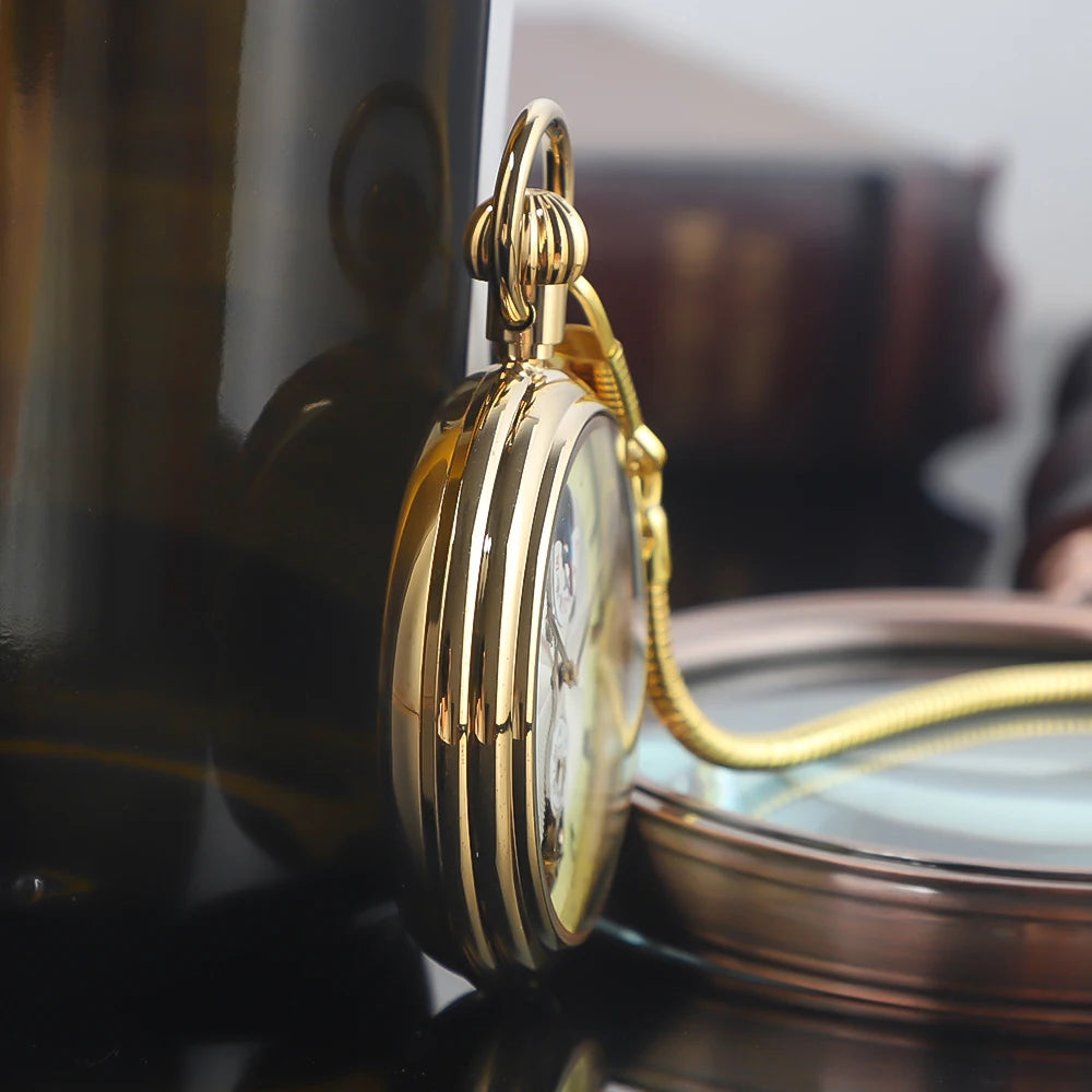 Luxury Antique Vintage Brass Mechanical Pocket Watch Moon-Phase Sub-dial Tourbillon Roman Numerals with Chain Men Women Gifts Montre à gousset