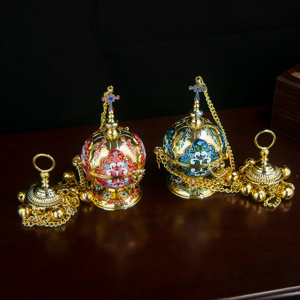 Gold Plated Orthodox Church Censer with Red Pink Blue Enamel Floral Patterns for Christian Liturgy Incense Burning Religious Cer Montre à gousset