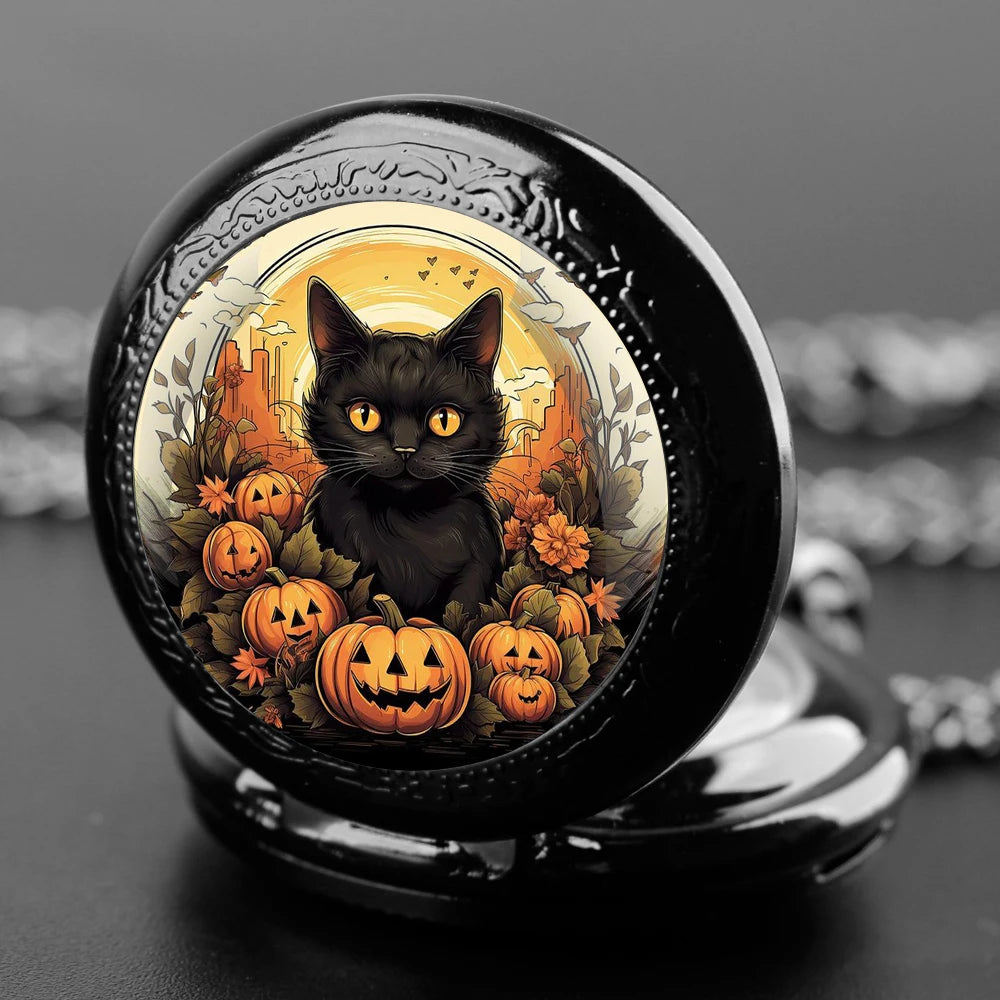 Montre à Gousset Halloween  chat – Cadran Blanc, Capot Décoré
