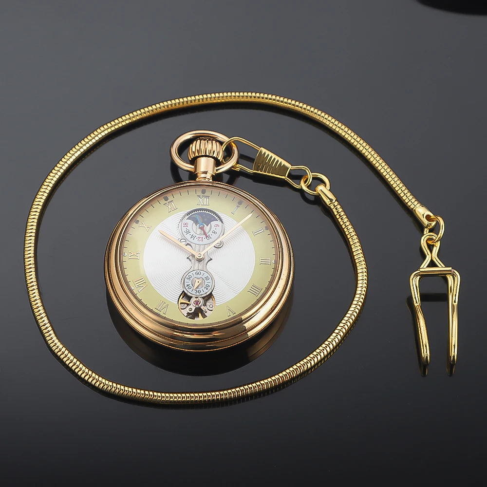 Luxury Antique Vintage Brass Mechanical Pocket Watch Moon-Phase Sub-dial Tourbillon Roman Numerals with Chain Men Women Gifts Montre à gousset