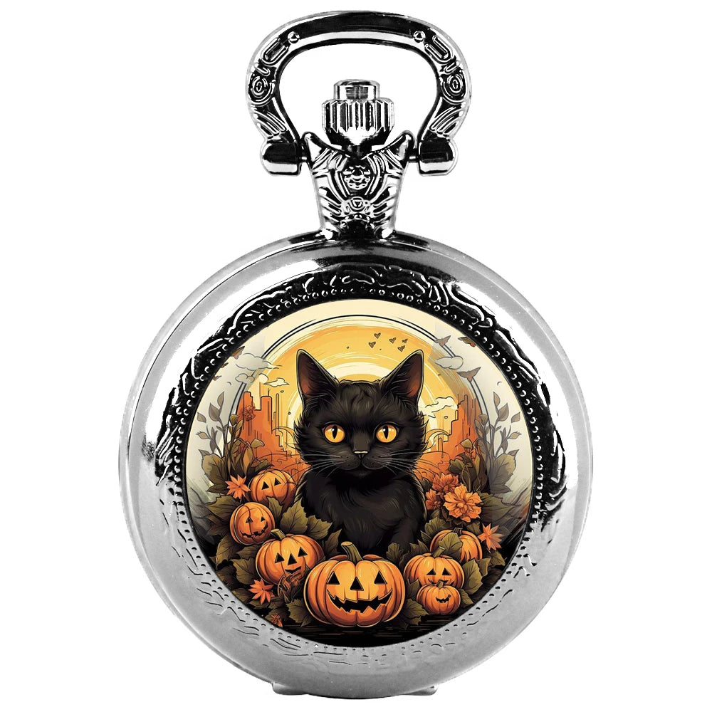 Montre à Gousset Halloween  chat – Cadran Blanc, Capot Décoré