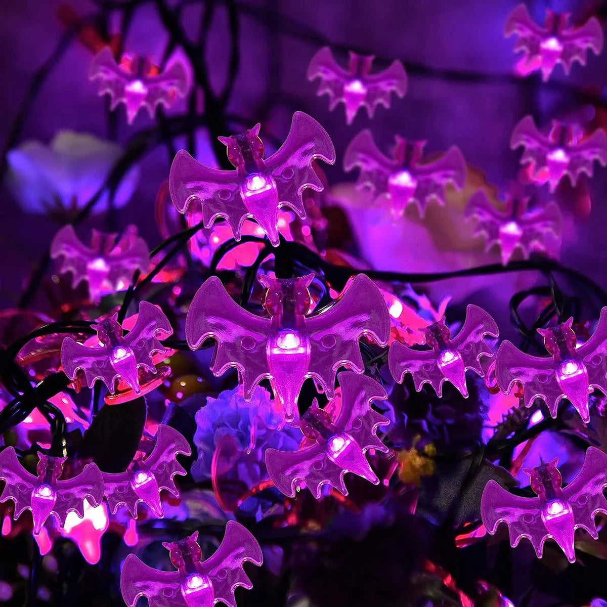 Guirlande Solaire LED 🦇 Chauves-Souris Violettes 💜 – 5m / 6,5m / 7,5m / 12m