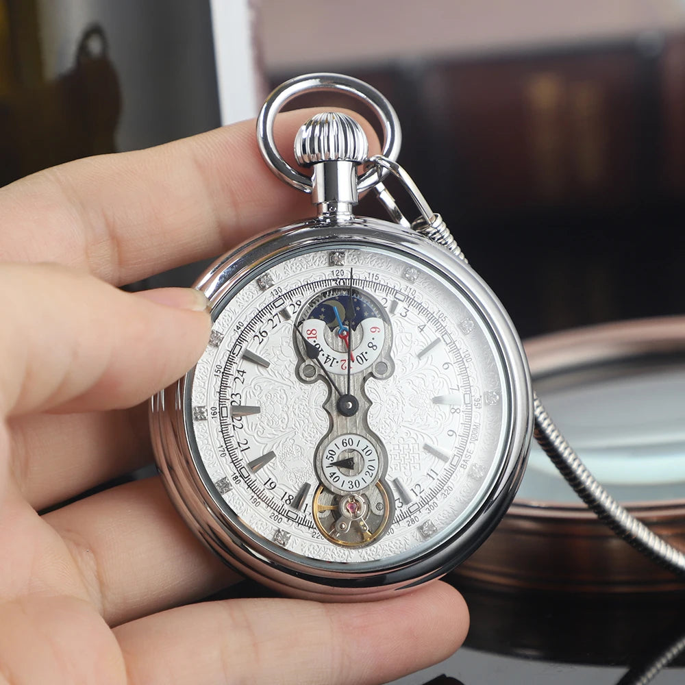 Luxury Antique Vintage Brass Mechanical Pocket Watch Moon-Phase Sub-dial Tourbillon Roman Numerals with Chain Men Women Gifts Montre à gousset