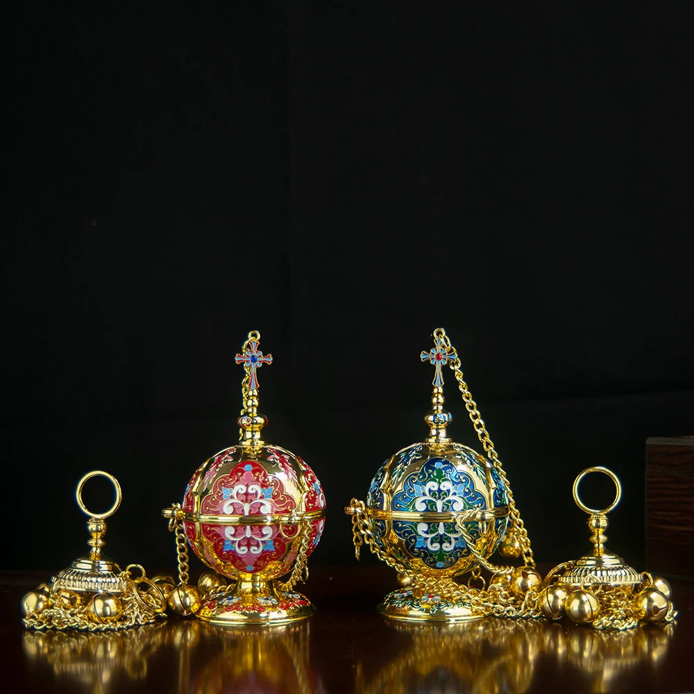 Gold Plated Orthodox Church Censer with Red Pink Blue Enamel Floral Patterns for Christian Liturgy Incense Burning Religious Cer Montre à gousset