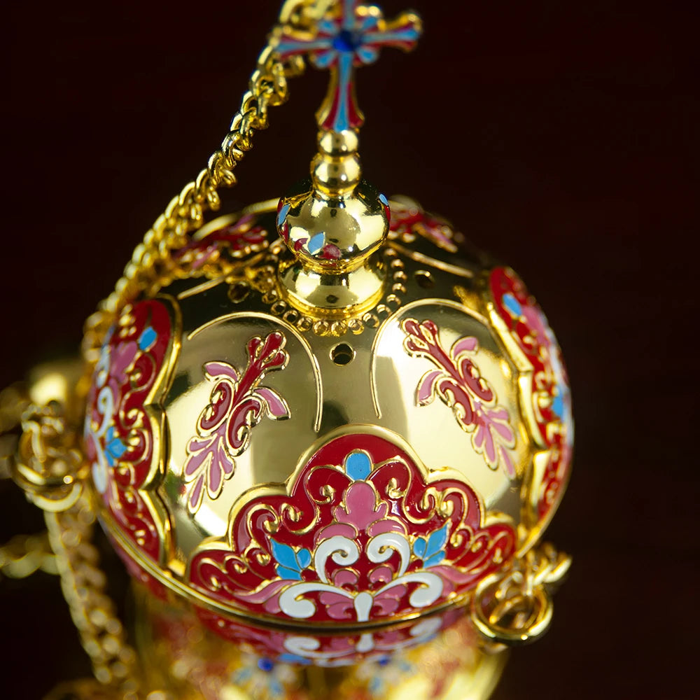 Gold Plated Orthodox Church Censer with Red Pink Blue Enamel Floral Patterns for Christian Liturgy Incense Burning Religious Cer Montre à gousset