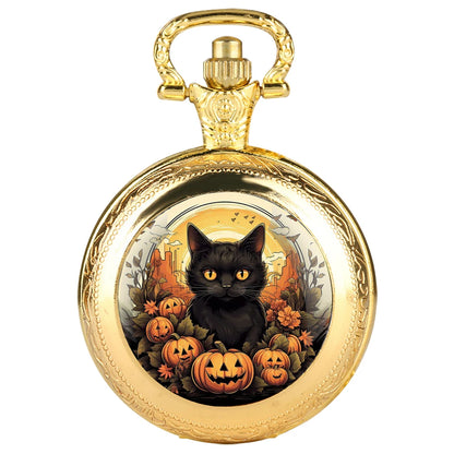 Montre à Gousset Halloween  chat – Cadran Blanc, Capot Décoré