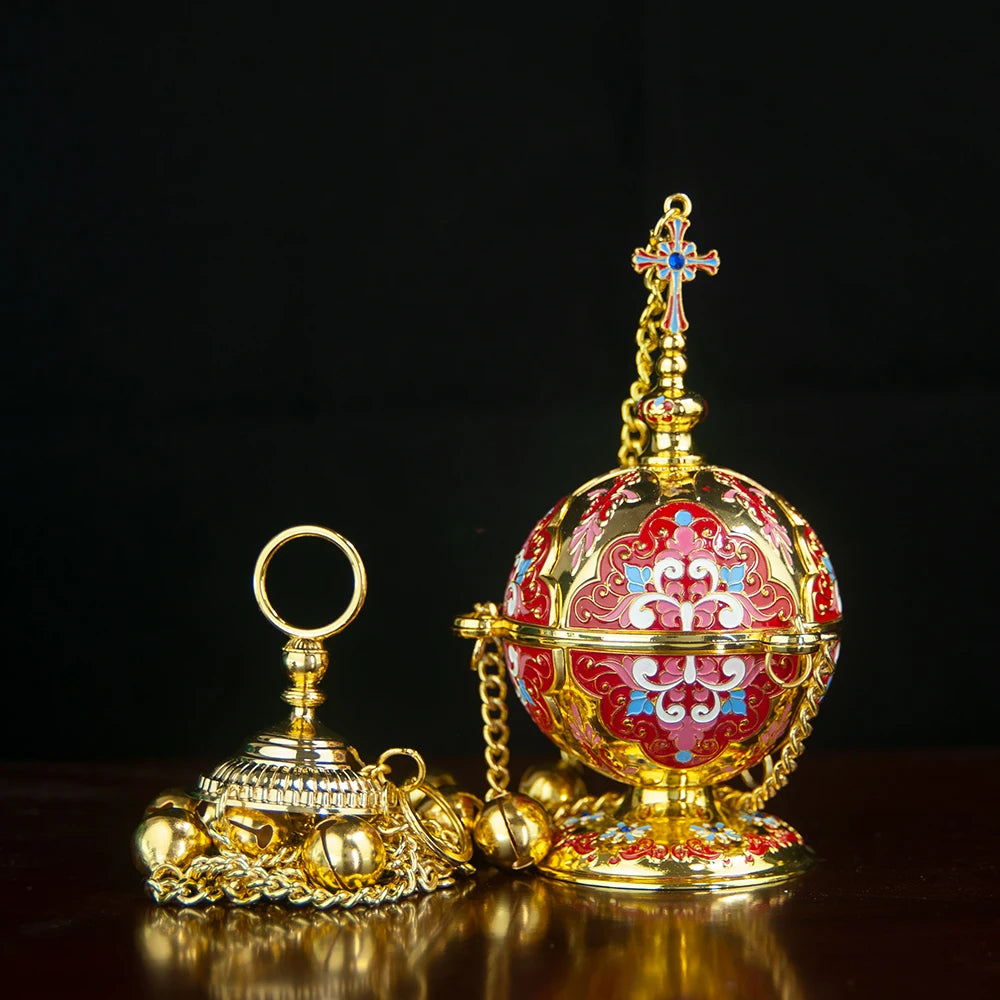 Gold Plated Orthodox Church Censer with Red Pink Blue Enamel Floral Patterns for Christian Liturgy Incense Burning Religious Cer Montre à gousset