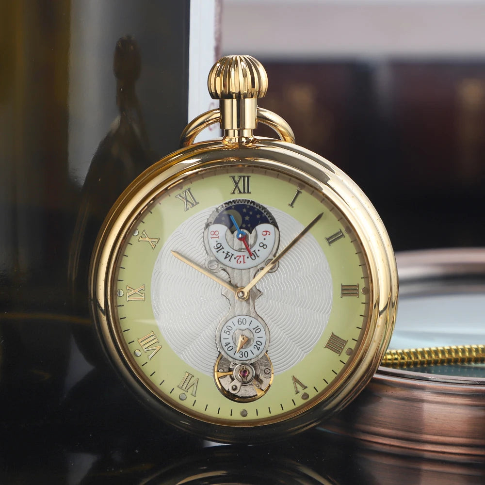 Luxury Antique Vintage Brass Mechanical Pocket Watch Moon-Phase Sub-dial Tourbillon Roman Numerals with Chain Men Women Gifts Montre à gousset