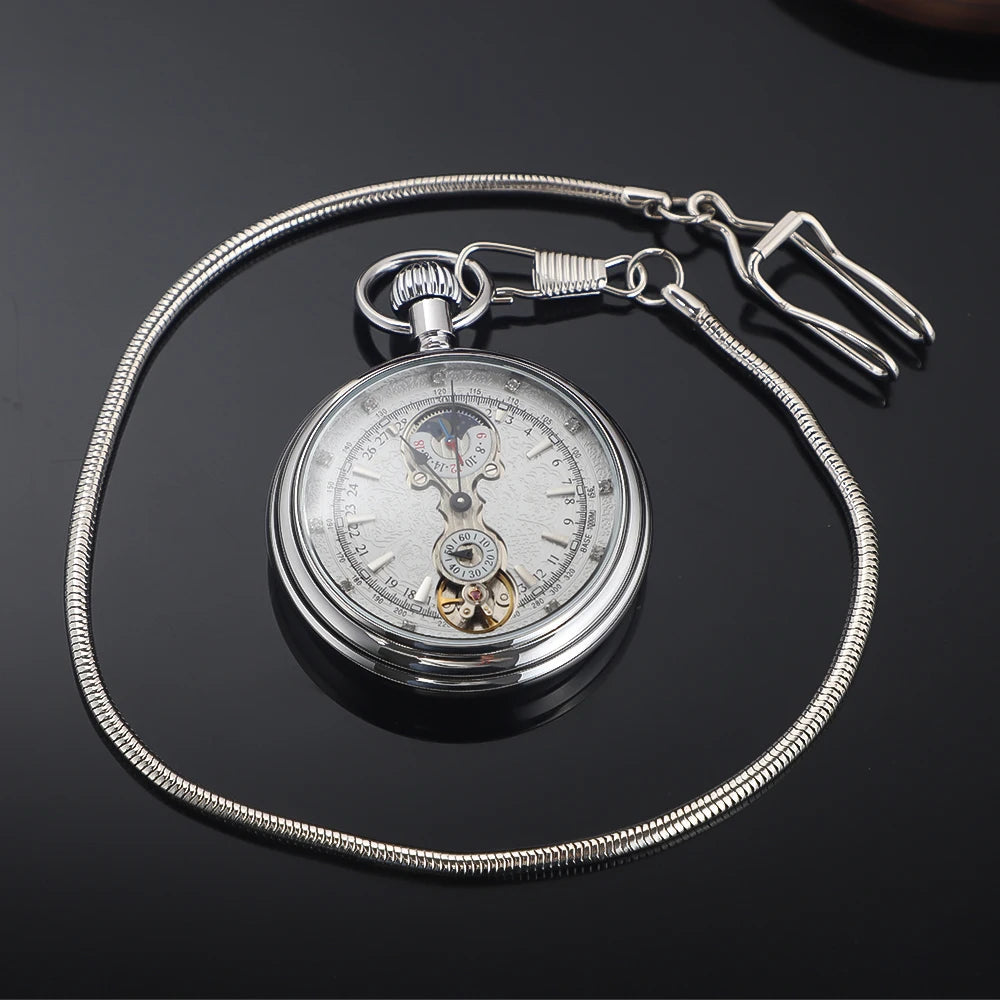 Luxury Antique Vintage Brass Mechanical Pocket Watch Moon-Phase Sub-dial Tourbillon Roman Numerals with Chain Men Women Gifts Montre à gousset