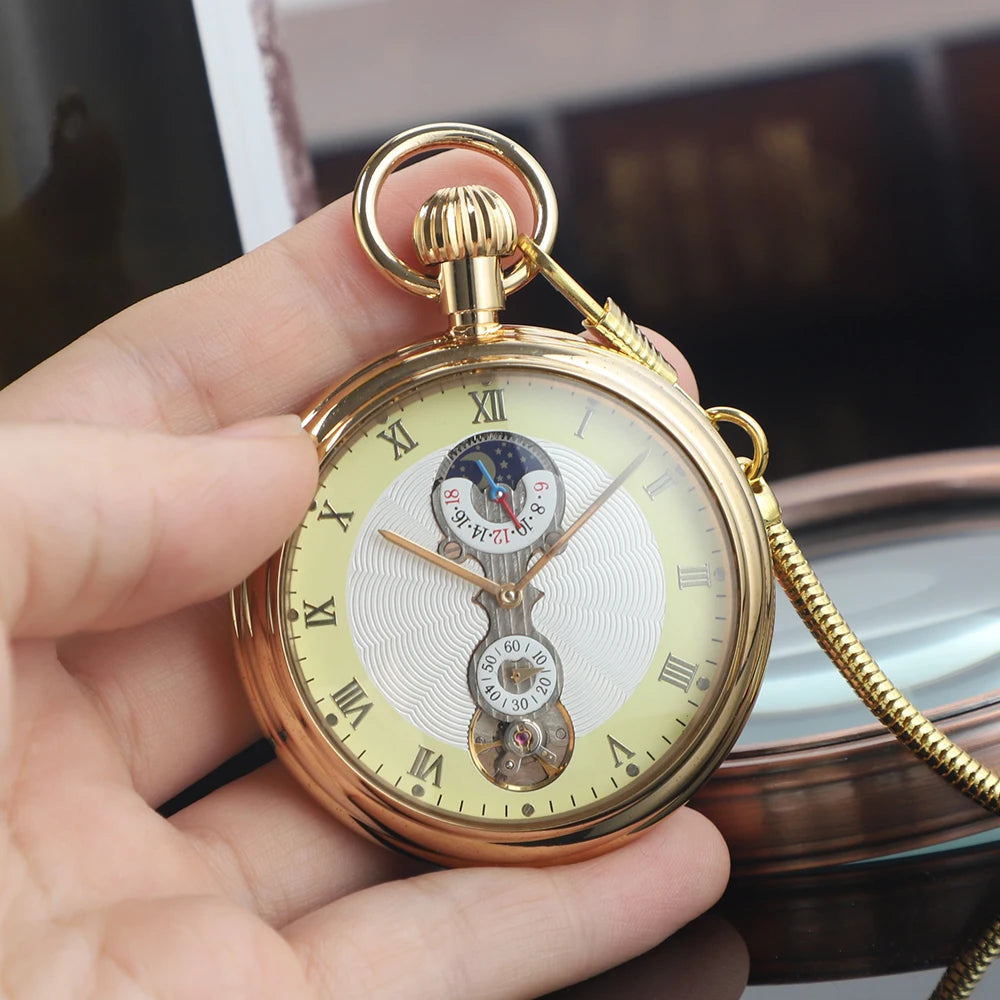 Luxury Antique Vintage Brass Mechanical Pocket Watch Moon-Phase Sub-dial Tourbillon Roman Numerals with Chain Men Women Gifts Montre à gousset