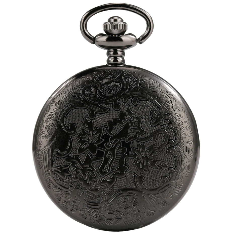 Montre à Gousset Noire – Cadran Blanc &amp; Capot Décoré
