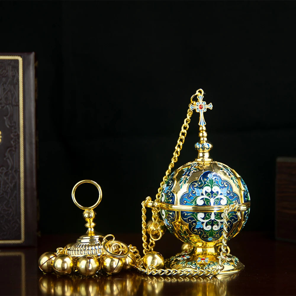 Gold Plated Orthodox Church Censer with Red Pink Blue Enamel Floral Patterns for Christian Liturgy Incense Burning Religious Cer Montre à gousset