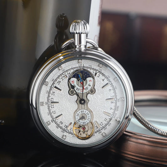 Luxury Antique Vintage Brass Mechanical Pocket Watch Moon-Phase Sub-dial Tourbillon Roman Numerals with Chain Men Women Gifts Montre à gousset