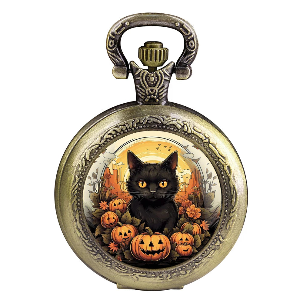 Montre à Gousset Halloween  chat – Cadran Blanc, Capot Décoré