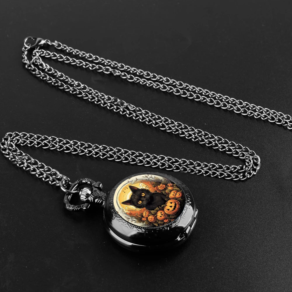 Montre à Gousset Halloween  chat – Cadran Blanc, Capot Décoré