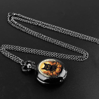 Montre à Gousset Halloween  chat – Cadran Blanc, Capot Décoré