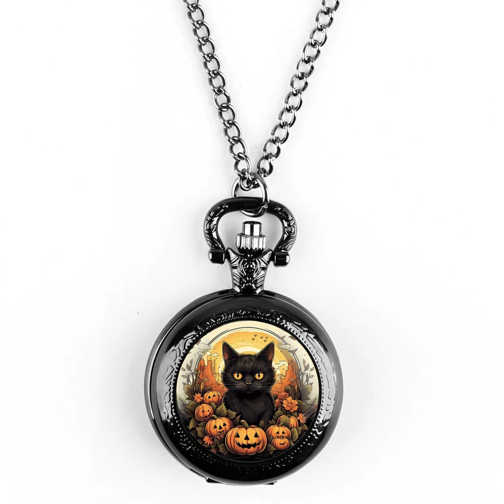 Montre à Gousset Halloween  chat – Cadran Blanc, Capot Décoré