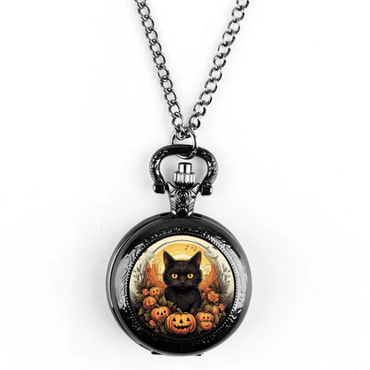 Montre à Gousset Halloween  chat – Cadran Blanc, Capot Décoré