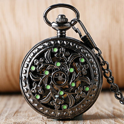 Montre à gousset mécanique à remontage manuel capot avant fleur et pierre verte Ma montre à gousset