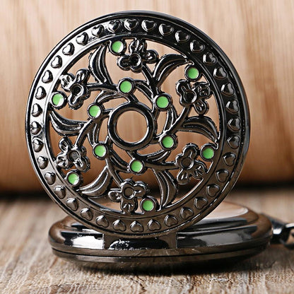 Montre à gousset mécanique à remontage manuel capot avant fleur et pierre verte Ma montre à gousset