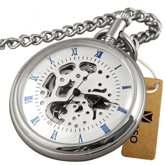 Montre à gousset mécanique à remontage manuel, boitier chrome et chiffres Romains bleus Ma montre à gousset