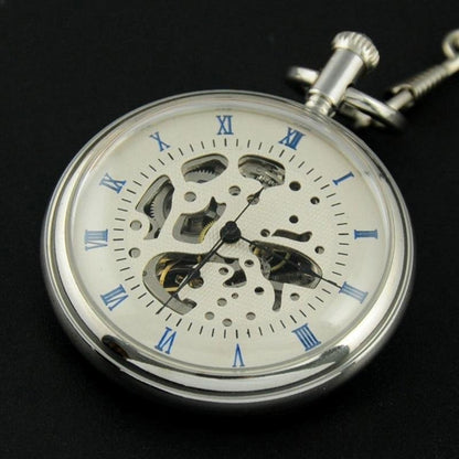 Montre à gousset mécanique à remontage manuel, boitier chrome et chiffres Romains bleus Ma montre à gousset