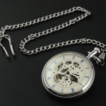 Montre à gousset mécanique à remontage manuel, boitier chrome et chiffres Romains bleus Ma montre à gousset
