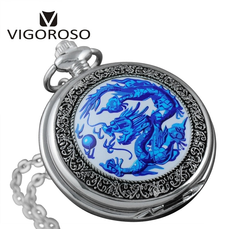 Montre à gousset mécanique quartz Dragon oriental bleu Ma montre à gousset