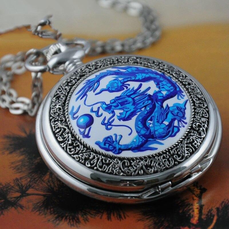 Montre à gousset mécanique quartz Dragon oriental bleu Ma montre à gousset