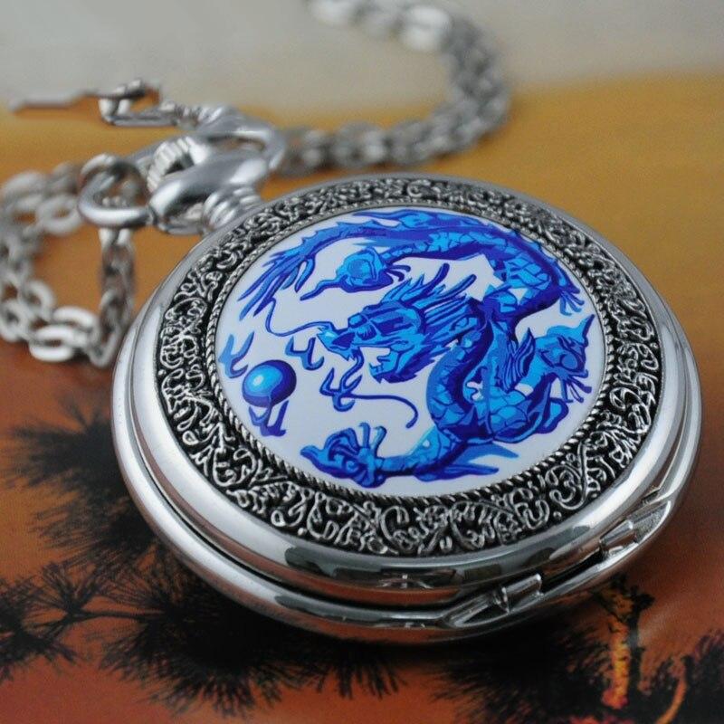 Montre à gousset mécanique quartz Dragon oriental bleu Ma montre à gousset