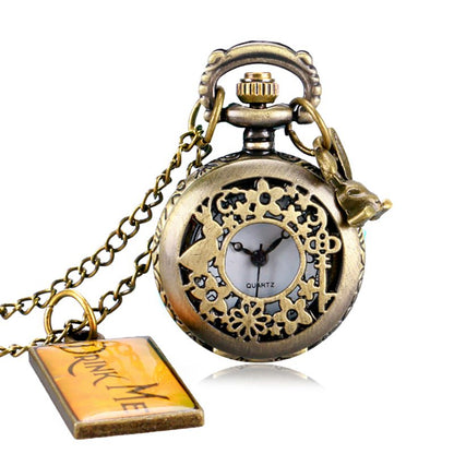Montre à gousset thématique "Alice", mouvement quartz et petite fiole en verre Ma montre à gousset