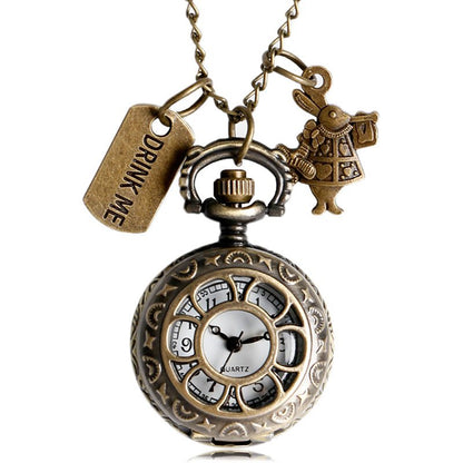 Montre à gousset thématique "Alice", mouvement quartz et petite fiole en verre Ma montre à gousset