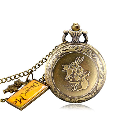 Montre à gousset thématique "Alice", mouvement quartz et petite fiole en verre Ma montre à gousset