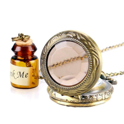 Montre à gousset thématique "Alice", mouvement quartz et petite fiole en verre Ma montre à gousset