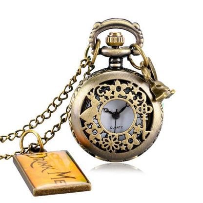 Montre à gousset thématique "Alice", mouvement quartz et petite fiole en verre Ma montre à gousset